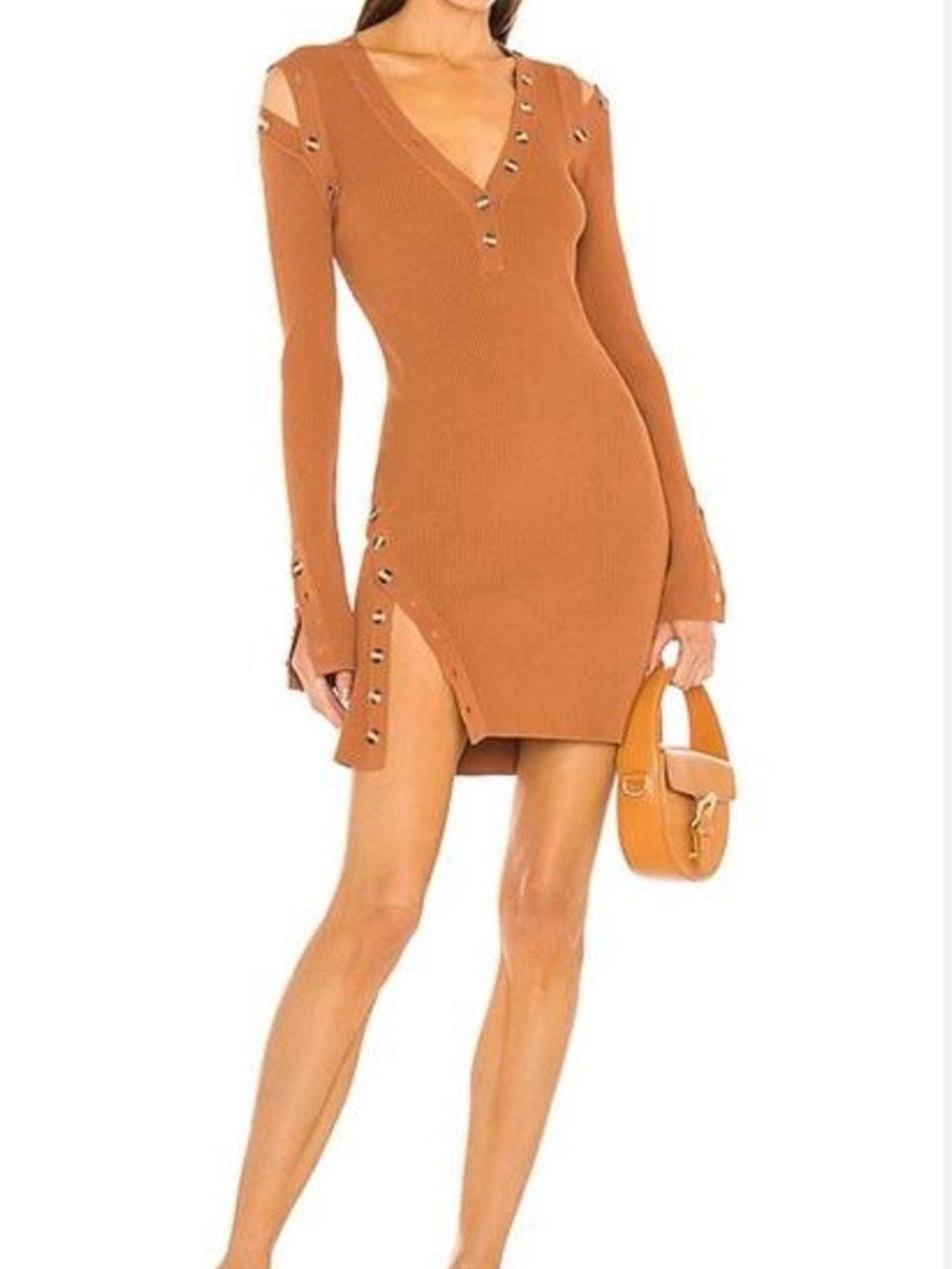 NICHOLAS Jackie Rib Knit Long‑Sleeve Mini Dress with Buttons